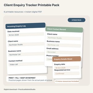 May include: A digital printable pack titled Client Enquiry Tracker featuring three forms: Incoming Enquiry Log in dark blue, Client Contact Record in sage green, and Enquiry Details Sheet in brown. The forms include fields for date, name, and business.