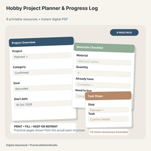 May include: A digital Hobby Project Planner & Progress Log with 9 printable pages. The layout includes sections for Project Overview, Materials Checklist, and Task Steps with fields for project details, dates, and quantities in blue, green, and brown.
