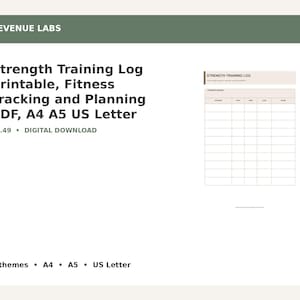 Könnte beinhalten: Eine digitale Krafttrainings-Protokollvorlage mit einem minimalistischen Rasterlayout und Spalten für Übung, Sätze, Wiederholungen, Gewicht und Notizen. Das Dokument enthält den Text Strength Training Log und ist in den Formaten A4, A5 und US Letter verfügbar.
