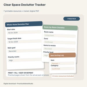 Könnte beinhalten: Ein digitales PDF-Set Clear Space Declutter Tracker mit einem Entrümpelungsplan für das ganze Haus, einer Checkliste für jeden Raum und einem Sortierprotokoll. Die druckbaren Vorlagen enthalten Felder für Daten, Ziele und Prioritäten.