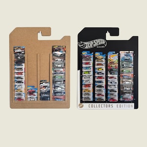 May include: Two vertical wall-mounted display racks for die-cast toy cars. The left rack is light brown wood with three columns holding Fast & Furious branded cars. The right rack is black with Top Speed Racing branding and four columns.