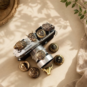 May include: A silver camera body adorned with several metallic, bronze-toned decorative buttons featuring intricate relief designs, including a skull, a horned demon mask, a bull head, and circular patterns, arranged on the top and lens.
