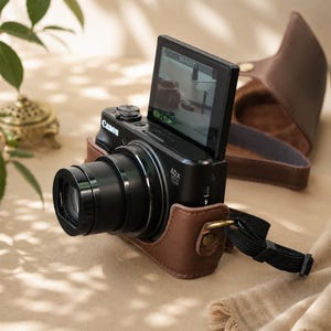 Pode incluir: Uma câmara digital Canon preta com lente de zoom ótico 40x e ecrã virado para cima. A câmara está dentro de uma bolsa protetora de couro castanho com uma correia de nylon preta presa a um anel lateral de metal cor de latão.