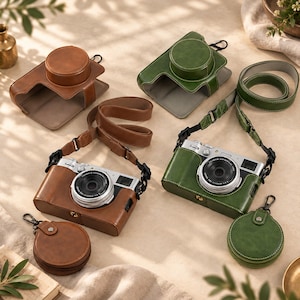 May include: Two Fujifilm cameras in brown and green leather cases with matching straps and small circular pouches. The cameras feature silver bodies and black lenses. The cases have visible stitching and metal hardware, providing protection for the camera bodies and lenses.