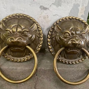 Vintage Brass Tiger Head Door Knocker Pair, Chinese Lion Beast Gate Handle, Heavy Duty Front Door Hardware, Feng Shui Decor, New Home Gift