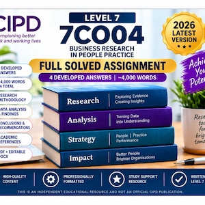 May include: A stack of four blue and purple books labeled Research, Analysis, Strategy, and Impact. The image features text including CIPD Level 7 7C004 Business Research in People Practice, 2026 Latest Version, and 4,000 words in total.