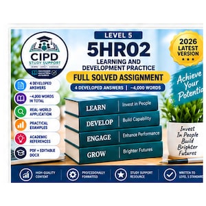 Könnte beinhalten: Ein digitaler Studienleitfaden für CIPD Level 5 5HR02 Learning and Development Practice mit einem Stapel von vier Büchern, beschriftet mit Learn, Develop, Engage und Grow. Die Grafik enthält Text zu 4.000 Wörtern, gelösten Aufgaben und Version 2026.