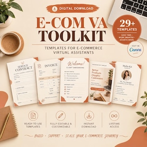 May include: A digital download E-COM VA TOOLKIT featuring 29+ templates for e-commerce virtual assistants. The set includes a service contract, invoice, client onboarding, Instagram post template, and media kit, all editable in Canva.