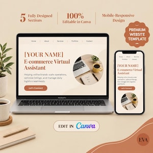 May include: A digital website template for an e-commerce virtual assistant displayed on a laptop and smartphone screen. The design features a beige colour palette, text reading [YOUR NAME] E-commerce Virtual Assistant, and a circular image of a desk.
