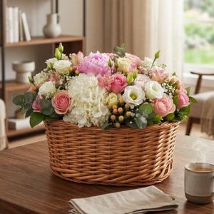 May include: A large oval woven wicker basket filled with a dense arrangement of pink peonies, white hydrangeas, light pink roses, white lisianthus, and green eucalyptus leaves, creating a full and rounded floral display on a wooden table.