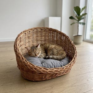 Puede incluir: Una cama redonda para mascotas hecha de mimbre tejido con un respaldo alto y curvo y una abertura frontal baja. Dentro de la cesta hay un cojín gris circular y acolchado. Un gato atigrado marrón duerme enroscado sobre el cojín gris suave.