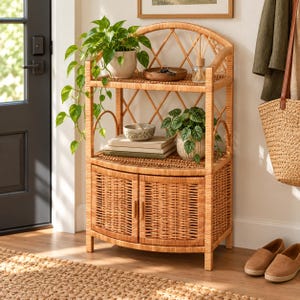 Wicker Entryway Storage Cabinet, Handmade Willow Shelf with Doors, Hallway Organizer