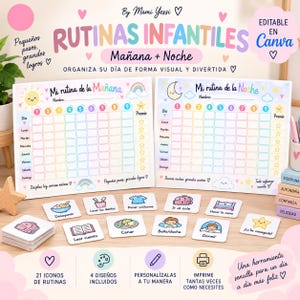 Könnte beinhalten: Zwei druckbare Routine-Diagramme für Kinder mit dem Titel Mi rutina de la Mañana und Mi rutina de la Noche, mit farbigen Rastern, Wochentagen und nummerierten Spalten. Enthält quadratische Karten mit illustrierten täglichen Aufgaben und Symbolen.