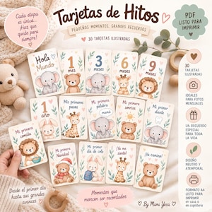 Puede incluir: Un conjunto de 30 tarjetas de hitos imprimibles con ilustraciones de animales como elefantes, osos, jirafas y leones. Las tarjetas incluyen texto en español para hitos del bebé como Hola Mundo, 1 mes, 1 año y Mi primera comida para documentar.