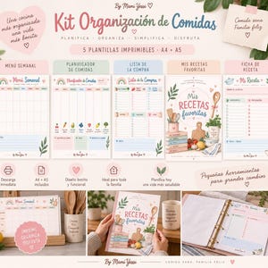 Puede incluir: Un kit digital de organización de comidas de Mami Yessi con cinco plantillas imprimibles en tamaños A4 y A5. Incluye un menú semanal, planificador de comidas, lista de la compra, recetas favoritas y ficha de receta con ilustraciones suaves.