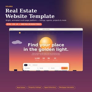 Könnte beinhalten: Eine digitale Immobilien-Website-Vorlage namens Solara mit einem violetten und orangefarbenen Farbverlaufshintergrund. Die Benutzeroberfläche zeigt den Text Find your place in the golden light, eine Suchleiste für Immobilien und Statistiken zu Objekten.