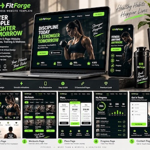 May include: A digital website template for fitness, training, and wellness named FitForge. The design features a dark theme with bright green accents, showcasing five distinct pages including home, workouts, plans, progress, and contact.