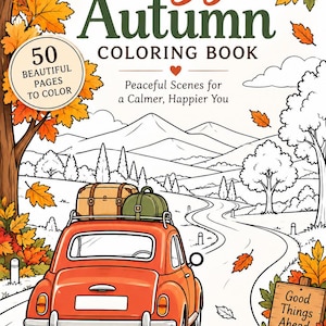 May include: A colouring book titled Cozy Autumn Colouring Book featuring 50 beautiful pages to colour. The cover shows a red car with luggage on a roof rack driving on a winding road through mountains, surrounded by autumn leaves and a sign saying Good Things Ahead.