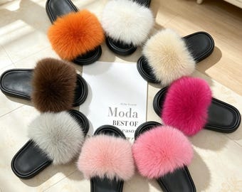 Puffy Fur Strap Open Toe Slides, Matte Sole House Slippers, Statement Indoor Shoes for Bedroom Lounging and Elevated Relaxed Home Wear