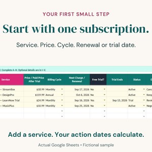 May include: A digital spreadsheet template titled YOUR FIRST SMALL STEP Start with one subscription. It includes columns for Service, Price, Billing Cycle, Next Charge, Free Trial, Trial Ends, Status, and Decision with fictional example data.