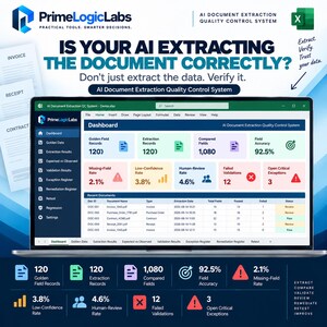 May include: A laptop screen displaying the PrimeLogicLabs AI Document Extraction Quality Control System dashboard. The interface shows metrics like 120 Golden Field Records, 1,080 Compared Fields, and 92.5% Field Accuracy, alongside a table of recent documents.