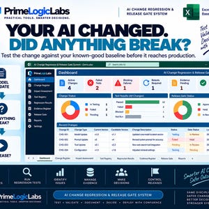 May include: A digital dashboard interface for an AI Change Regression and Release Gate System by PrimeLogicLabs. The screen displays metrics, test results, and a table of recent changes including IDs, versions, and statuses in an Excel-based format.