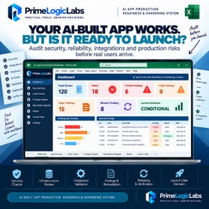 May include: A laptop screen displaying the PrimeLogicLabs AI App Production Readiness & Hardening System dashboard. The interface shows metrics like Total Checks, Failed, Critical Findings, and Launch Readiness status in a spreadsheet-style layout.