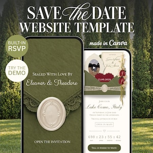May include: A digital Save the Date website template for Canva featuring two smartphone screens. The left screen shows an olive green envelope with a white wax seal and the text Sealed With Love By Eleanor & Theodore. The right screen displays wedding details, a countdown timer, and the text Join Us In Lake Como, Italy on Saturday, 21 June 2029.