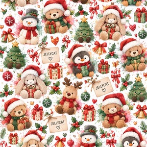 Peut inclure: Un motif répétitif composé d'illustrations à l'aquarelle de nounours, lapins, pingouins et bonshommes de neige portant des bonnets de Noël, avec des sapins, cadeaux, sucres d'orge, houx et étiquettes portant l'inscription JELLYCAT.