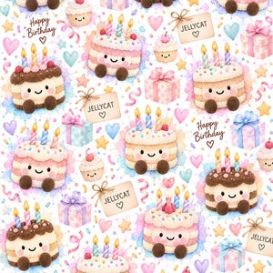 Può includere: Un motivo ripetitivo con torte di compleanno illustrate con facce sorridenti, candeline accese, scatole regalo, cupcake ed etichette con la scritta Jellycat. Il design include schizzi color acquerello, cuori, stelle e il testo Happy Birthday.