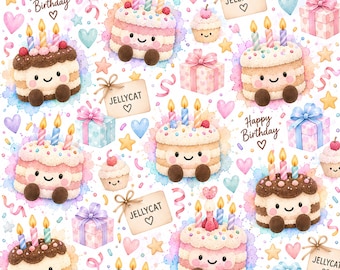 Niedliches Geschenkpapier mit Plüschtiermotiven zum Geburtstag | Geschenkpapier mit Geburtstagskuchenmotiven – Geschenkpapier mit Wackelpuddingmotiven – Geschenkpapier mit Katzenmotiven – Geschenkpapier mit Knödelnmotiven