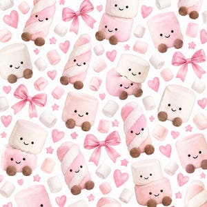 Può includere: Un motivo ripetitivo con illustrazioni ad acquerello di marshmallow sorridenti con piedini marroni, bastoncini di marshmallow intrecciati rosa e bianchi, fiocchi rosa chiaro, piccoli cuori rosa e minuscole stelle rosa su sfondo bianco.