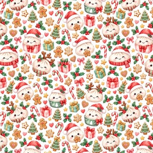 Può includere: Un motivo ripetitivo con simpatici ravioli in stile cartoon che indossano cappelli da Babbo Natale, omini di pan di zenzero, bastoncini di zucchero, alberi di Natale, pacchetti regalo, agrifoglio e cuoricini su sfondo bianco.