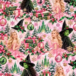 May include: A repeating pattern featuring a green-skinned witch in a black hat, a blonde person in a pink gown with a crown, green and pink gift boxes labelled WICKED, Christmas trees, ornaments with silhouettes, and pink snowflakes.