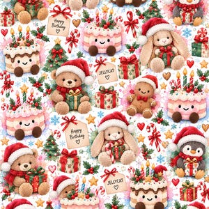 May include: A festive pattern featuring Jellycat plush toys including teddy bears, bunnies, and penguins wearing Santa hats, alongside birthday cakes with candles, wrapped gifts, candy canes, and tags labelled Jellycat or Happy Birthday.