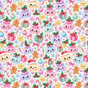 Peut inclure: Un motif répétitif représentant des personnages de boulettes souriants et mignons dans diverses couleurs pastel, certains portant des bonnets de Père Noël. Le design inclut des bonshommes en pain d'épices, des cadeaux, des sucres d'orge, des boules de Noël, des étoiles et des flocons.