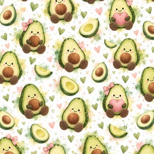 Può includere: Un motivo ripetitivo con avocado in stile cartoon con noccioli marroni, alcuni con fiocchi rosa e cuori rosa, intervallati da piccoli cuori verdi e macchie colorate ad acquerello verdi e rosa su uno sfondo bianco.