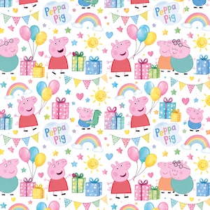 May include: A repeating pattern on a white background featuring Peppa Pig characters, colourful gift boxes, rainbows, yellow suns, and balloons. The design includes triangular bunting flags, small stars, and hearts, with the text Peppa Pig printed.
