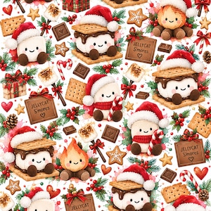 Peut inclure: Un motif festif avec des guimauves dessinées portant des bonnets de Père Noël, des s'mores, des carrés de chocolat, des sucres d'orge, des cadeaux et du houx. Chaque personnage sourit. Le texte indique JELLYCAT S'mores avec un cœur.