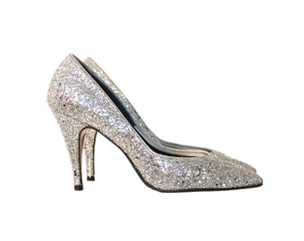 VINTAGE Silber GLITTER METALLIC Heel Pumps