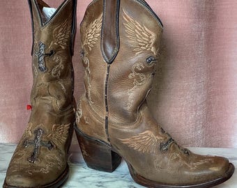 Vintage Y2K Big Bull Distressed leather sequined cross Inlay pointed toe cowgirl boots7/7.5