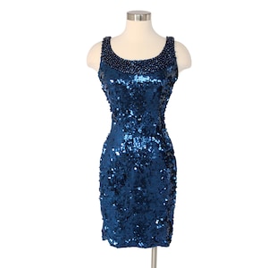 Vintage Blue Sequin Fitted Dress | Beaded Low Back Party Dress