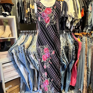 Vintage Y2K Rubi Pesini Stripe Floral Rayon Bias Cut Maxi Dress small