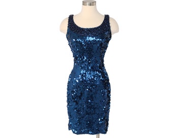 Vintage Blue Sequin Fitted Dress | Beaded Low Back Party Dress