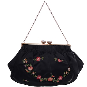 Vtg 50s Embroidery SILK FLORAL Rhinestone Kisslock Dainty Pouch Mini Handbag