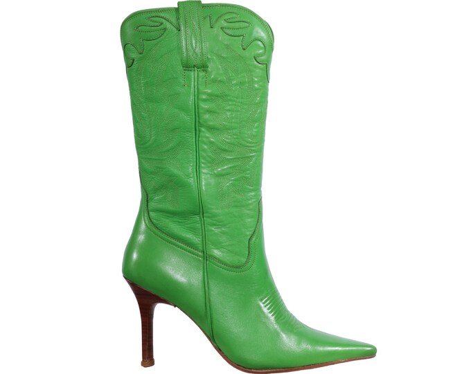 Vtg 90s CHARLIE HORSE Lime Green Leather Heeled COWBOY Boots Pointed Toe Western Kitten Heel