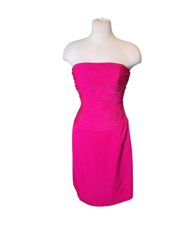 Vintage 90s Michael Casey Couture ruched strapless magenta mini dress S