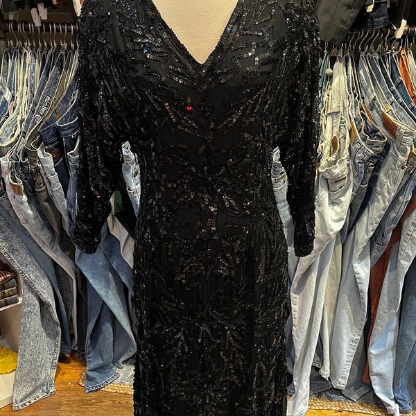 Vintage 80s Does the 20s Sequin Beaded Silk Party Dress