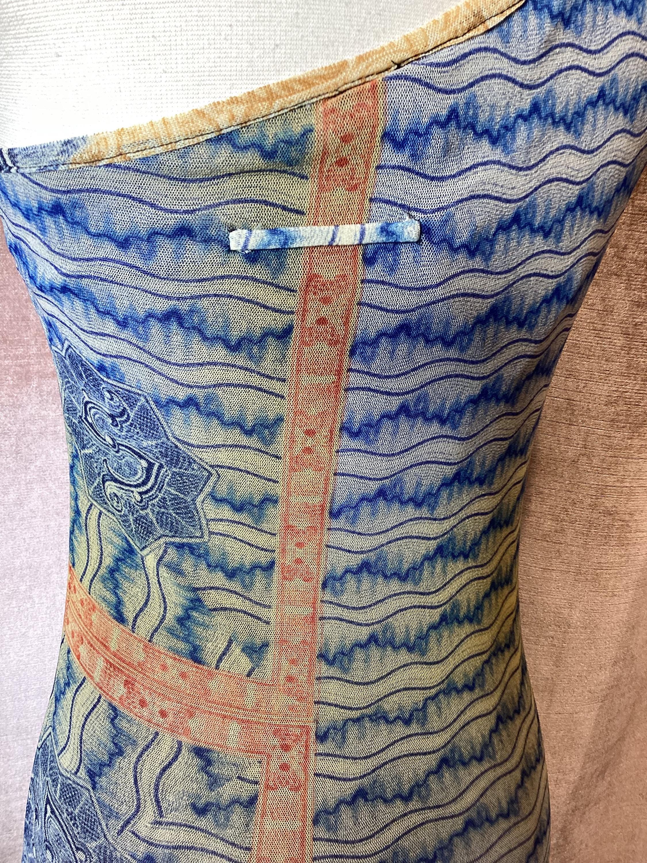 Vintage Jean Paul Gaultier Soleil Currency Print One Shoulder Maxi