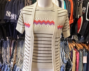 Vintage 1970s Knit Tank Top and Cardigan Set: Geometric Two Piece